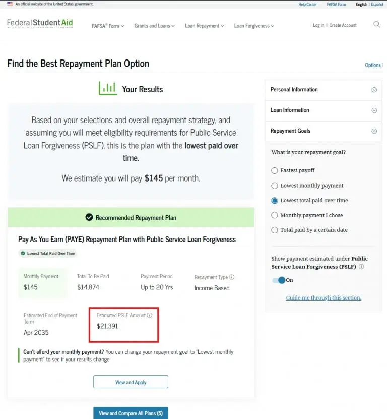 An example showing the best repayment plan options from iCreditCalculators
