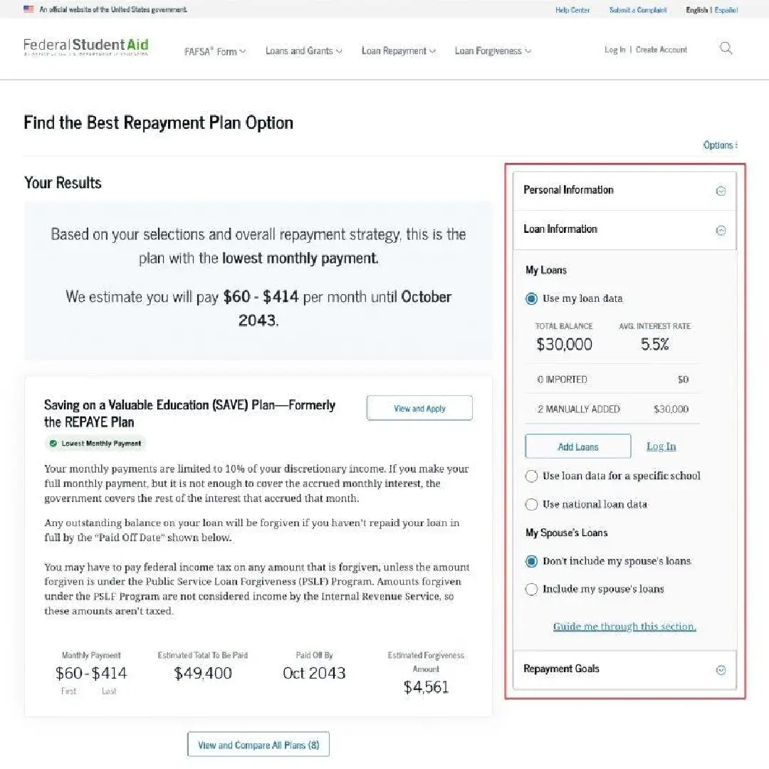 An example of how the income-driven repayment calculator works from iCreditCalculators