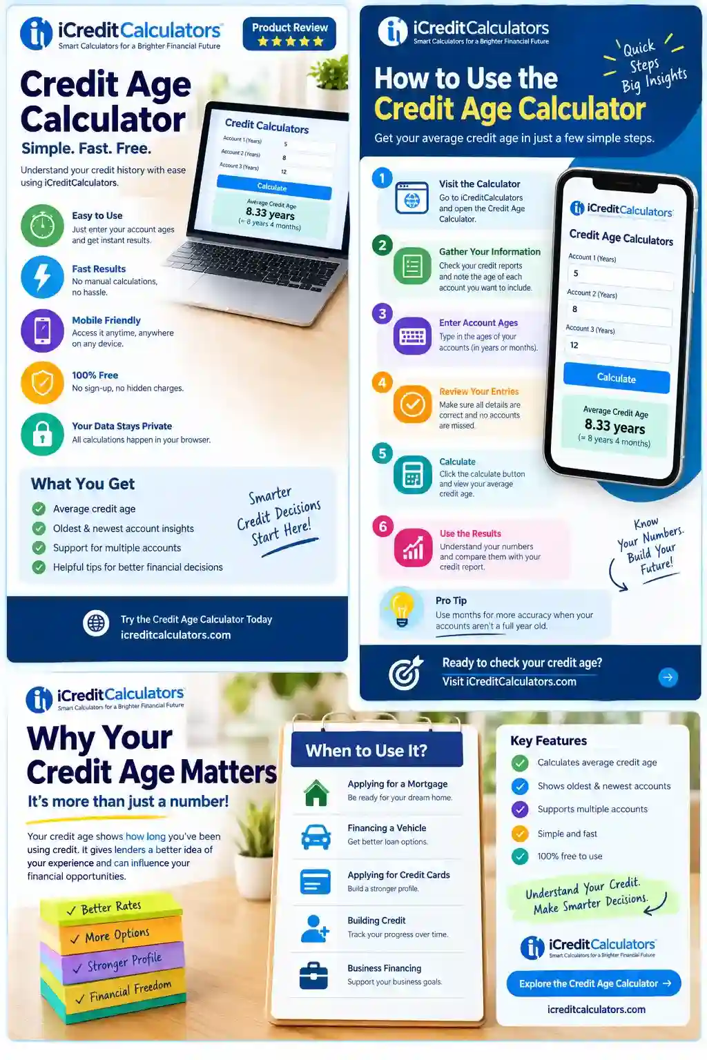 An infographic showing the overall workability of the credit age calculator from iCreditCalculators